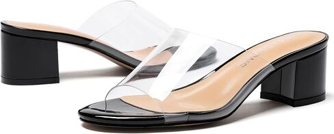 WAYDERNS Women's Solid Patent Clear Open Toe Transparent Pvc Slip On Chunky Low Heel Heeled Sandals 2 Inch in Saudi Arabia