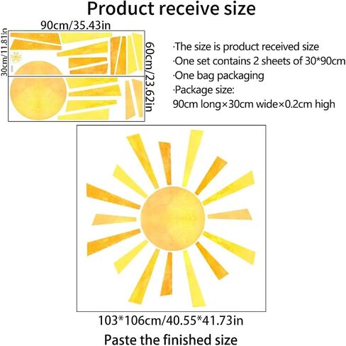 22.04x22.04 Inch Watercolor Boho Sun Wall Decals Peel and Stick, PVC Sunrise Wall Stickers, Yellow Sunshine Wall Art Decor for Kids Room Playroom Nursery Bedroom in Saudi Arabia