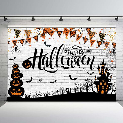 Avezano Happy Halloween Backdrop Brick Wall Spider Web Horror Jack O'Lantern Light Halloween Photography Background Family Dress-up Party Ghost Castle Trick or Treat Backdrops Banner in Saudi Arabia