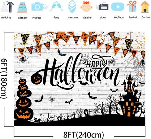 Avezano Happy Halloween Backdrop Brick Wall Spider Web Horror Jack O'Lantern Light Halloween Photography Background Family Dress-up Party Ghost Castle Trick or Treat Backdrops Banner in Saudi Arabia