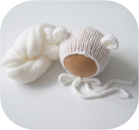 Vemonllas Newborn Photography Props Bear Bonnet & Wrap Baby Boys Girls Photoshoot Outfits Infant Handmade Knitted Costume Set in Saudi Arabia