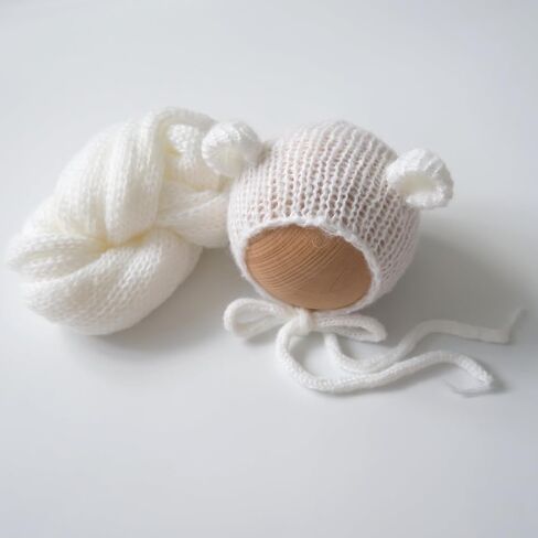 Vemonllas Newborn Photography Props Bear Bonnet & Wrap Baby Boys Girls Photoshoot Outfits Infant Handmade Knitted Costume Set in Saudi Arabia
