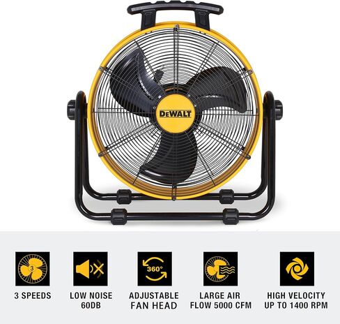 DEWALT DXF-2042 مروحة صناعية عالية السرعة، أرضية، طبل، حظيرة، مستودع، محرك عالي التحمل، جهاز تدوير الهواء المحمول 3 سرعات قابلة للتعديل، 20 بوصة، أصفر in Saudi Arabia