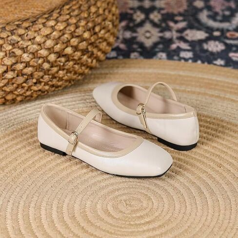 TN TANGNEST Ballet Flats for Women Soft Leather Flats Comfortable Square Toe Mary Jane Flats Beige 41(8.5) 2 in Kuwait