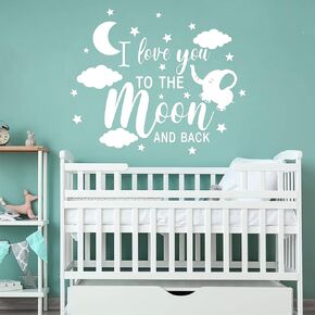 I Love You to The Moon and Back with Elephant Baby Kids Wall Decals Nursery Wall Decals Moon Stars and Clouds Wall Art Decals DDK18 (White)