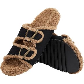 Womens Slippers Fuzzy Open Toe Warm Indoor House Winter Shoes Slippers for Womens Slide Sandals with Adjustable Buckles