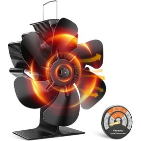 Hanaoyo Wood Stove Fan, 6 Blades Wood Stove Fan Heat Powered, Fireplace Fan with Magnetic Thermometer, Wood Stove Accessories, Non Electric Fan for Wood/Gas/Log Burner Stove