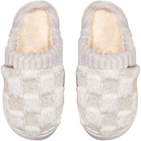 OYOANGLE Women's Checkered Print Warm Slippers Fuzzy Round Toe House Slippers Indoor House Slippers