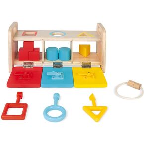 Janod Shape Sorter Box with Keys – Wooden Sorting Toy with Geometric Shapes – Ages 18+ Months- J05065
