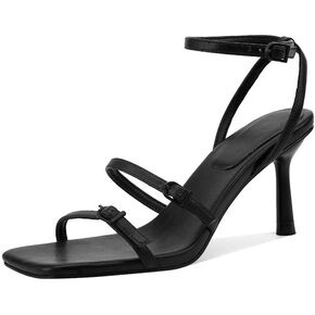 GOSERCE Women's Kitten Mid Strappy Sandals Buckle Heels for Ladies Open Square Toe Ankle Strap Heeled Sexy Fashion Comfortable Dressy Shoes Party Prom Wedding Pumps Heeled Black White Summer