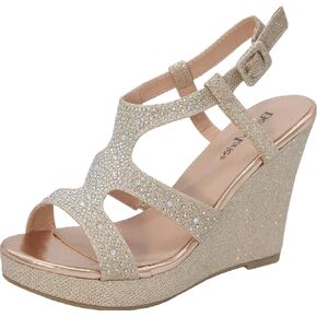 Bella Marie Santo Women's Rhinestone Wedge Sandal Champagne Slingback 6