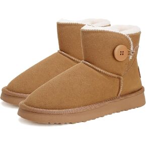 Snow Boots for Women, Genuine Suede Water Resistant Winter Boots Anti-Slip Cozy Leather Fur Fleece Lined Womens Ankle Boots, Comfortable Memory Foam Button Decoration Slip On Snow Short Shoes Slippers