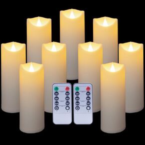 Enido Flickering Flameless Candles with Remote Timer Battery Operated Candles LED Candles Pillar Candles with 3D Flame Outdoor Heat Resistant for Exquisite Decor Set of 9