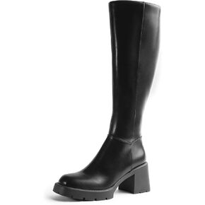 Women Platform Knee High Boots with Chunky Heel, Square Toe Fashion Tall Boots with Lug Sole and Side Zipper