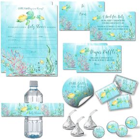 Little Hatchling Cute Sea Turtle Sea Life Baby Shower Party Bundle Includes 20 each of Invitations with Envelopes + 4 Different Sizes of Decorative Stickers, Diaper Tickets & Bring a Book Cards
