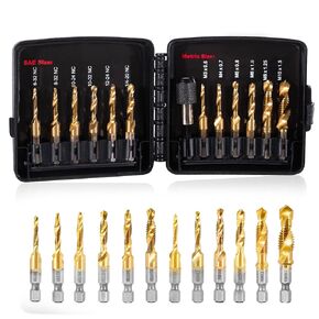 13Pcs Drill Tap Set with Quick-Change Adapter,SAE/Metric Drill and tap Set,3-in-1 Bit Tool for Drilling, Tapping and Countersinking