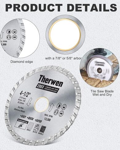 Therwen 6 Pcs Silver Diamond Saw Blade Tile Blade Bulk Diamond Turbo Blade Masonry Cutting Wheel Dry Wet Smooth Cutting for Angle Grinder Cutting Porcelain Ceramic Tile Granite Marbles (4.5 in) in Saudi Arabia