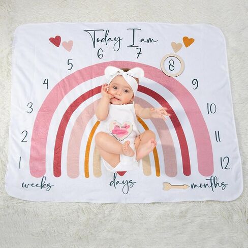 Ylsteed Baby Monthly Milestone Blanket Baby Photography Prop Blanket Soft Baby Milestone Blanket for Boy Girl Rainbow Newborn Growth Chart Photography Prop Background Blanket Baby Age Mat 47" x 40" in Saudi Arabia