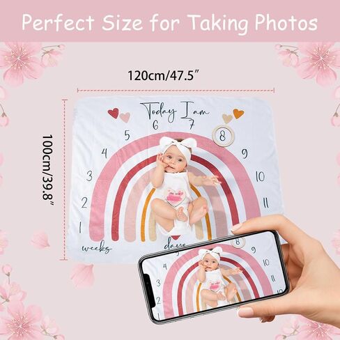 Ylsteed Baby Monthly Milestone Blanket Baby Photography Prop Blanket Soft Baby Milestone Blanket for Boy Girl Rainbow Newborn Growth Chart Photography Prop Background Blanket Baby Age Mat 47" x 40" in Saudi Arabia