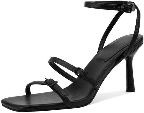 GOSERCE Women's Kitten Mid Strappy Sandals Buckle Heels for Ladies Open Square Toe Ankle Strap Heeled Sexy Fashion Comfortable Dressy Shoes Party Prom Wedding Pumps Heeled Black White Summer in Saudi Arabia