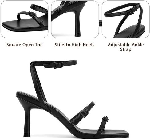 GOSERCE Women's Kitten Mid Strappy Sandals Buckle Heels for Ladies Open Square Toe Ankle Strap Heeled Sexy Fashion Comfortable Dressy Shoes Party Prom Wedding Pumps Heeled Black White Summer in Saudi Arabia