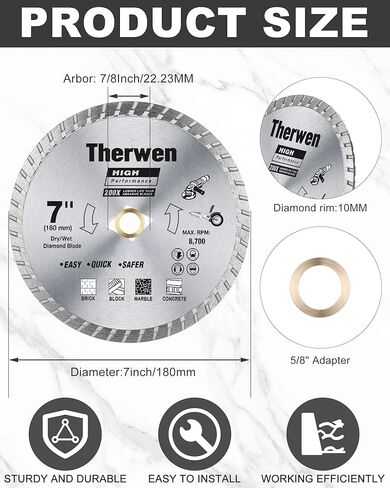 Therwen 6 قطع فضية منشار الماس شفرة البلاط السائبة الماس توربو بليد قطع البناء عجلة القطع الجاف الرطب السلس لطاحونة الزاوية قطع الخزف بلاط السيراميك الجرانيت الرخام (4.5 بوصة) in Kuwait