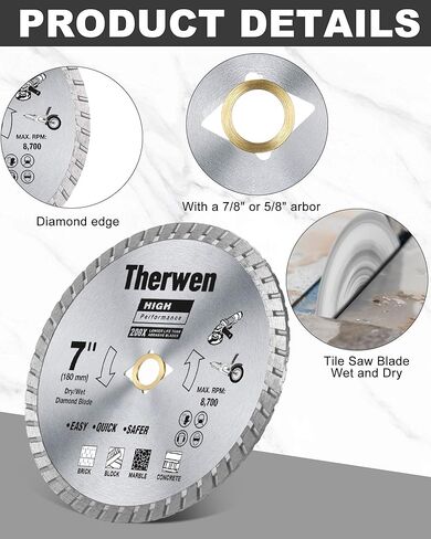 Therwen 6 قطع فضية منشار الماس شفرة البلاط السائبة الماس توربو بليد قطع البناء عجلة القطع الجاف الرطب السلس لطاحونة الزاوية قطع الخزف بلاط السيراميك الجرانيت الرخام (4.5 بوصة) in Kuwait