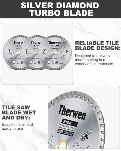 Therwen 6 قطع فضية منشار الماس شفرة البلاط السائبة الماس توربو بليد قطع البناء عجلة القطع الجاف الرطب السلس لطاحونة الزاوية قطع الخزف بلاط السيراميك الجرانيت الرخام (4.5 بوصة) in Kuwait