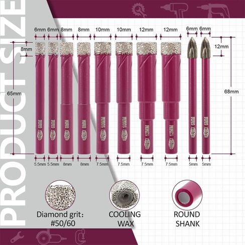 Diamond Drill Bits Set 10pcs - 8pcs 1/4 Inch (6mm) Dry Hole Saw, 2pcs 1/4 Inch (6mm) Carbide Bits for Ceramic Porcelain Tile Marble Granite, Round Shank in Saudi Arabia