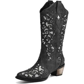 WIRALOMI Women Printed Western Rhinestones Cowboy Cowgirl Boots Square Toe Embroidered Retro Pull on Mid Calf Boots Wedding Travel Black 7.5