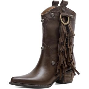 Tsrenlmln Ankle Boots for Women Pointed Toe Boots Chunky Heel Rivet Western Cowboy Boots With Womens Cowgirl Booties Slip-On leather Short Boots