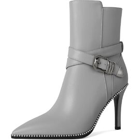 Zamikoo Ankle Boots for Women Stiletto High Heel Pointed Toe Beaded Fall Short Booties Buckle Cross Strap Side Zipper