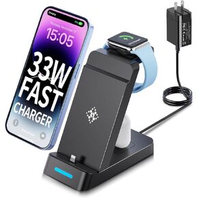 3 in 1 Charging Station for Apple - 33W Fast Multiple Charging Station for iPhone 14/13/12/11, Apple Watch and AirPods (33W USB-C Charger Included)
