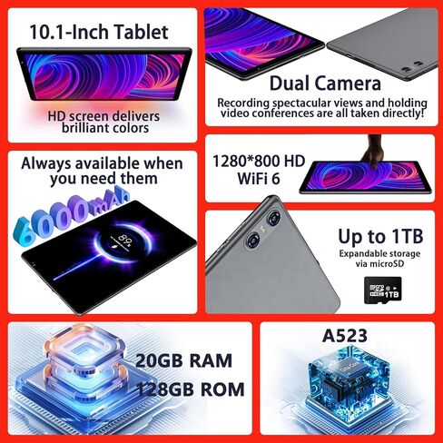 Android 14 Tablet Newest 10.1 inch Tablets,20GB RAM 128GB ROM 1TB Expand,Octa-Core Processor,Dual Camera,WiFi 6,GPS,Bluetooth 5.0,6000mAh Long Battery Life with Keyboard/Mouse-Black in Saudi Arabia