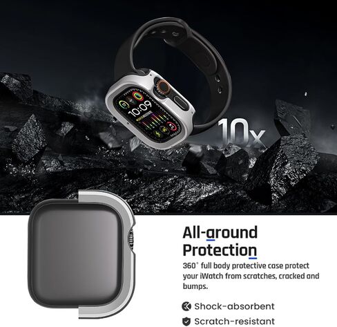 2 in 1 Metal Rugged Case for Apple Watch Ultra 3/2/1 Case 49mm, Aluminum Shockproof Protective Bumper with TPU Back Cover, Raised Edge Screen Protection, Black in Kuwait