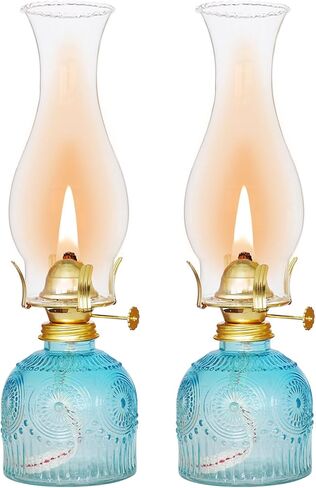 2Pcs Oil Lamps for Indoor Use Blue Vintage Glass Clear Kerosene Lamp Indoor Decorative Hurricane Lamp Oil Lantern for Home Tabletop Emergency Lighting in Kuwait
