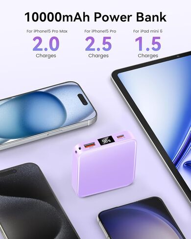 10000mAh Small Power Bank, Mini Phone Portable Charger, USB C Input/Output with Smart LED Display, 30W Fast Charging Technology Battery Bank for iPhone, iPad,Samsung, Android Phones, Tablet in Kuwait