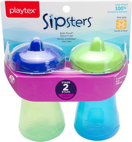 Playtex Baby Sipsters Stage 2 Hard Spout Cups, Green/Pink, Blue/Lavender, 9 Oz, 2 Count - Spill-Proof and Leak-Proof in Saudi Arabia