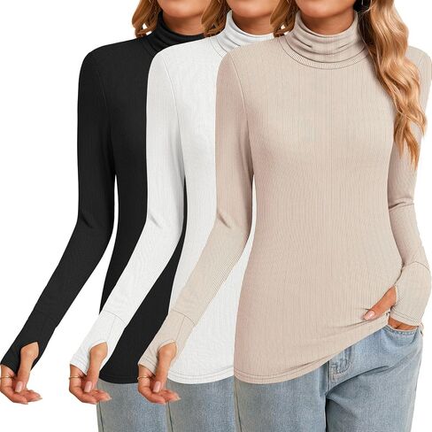 Huukeay 3 Pack Women's Long Sleeve Turtleneck Tops, Slim Fit Ribbed Pullover with Thumbhole Mock Neck T-shirts Underwear Top in Kuwait