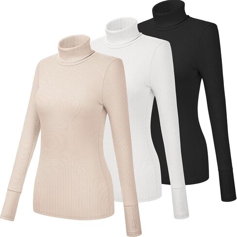 Huukeay 3 Pack Women's Long Sleeve Turtleneck Tops, Slim Fit Ribbed Pullover with Thumbhole Mock Neck T-shirts Underwear Top in Kuwait