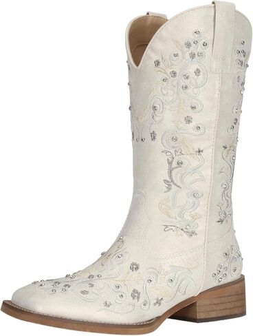 SheSole Women's Cowboy Boots Square Toe Rhinestone Mid Calf Floral Western Boot Fashion Cowgirl Shoes in Saudi Arabia
