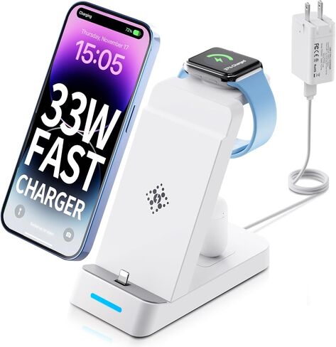 3 in 1 Charging Station for Apple - 33W Fast Multiple Charging Station for iPhone 14/13/12/11, Apple Watch and AirPods (33W USB-C Charger Included) in Saudi Arabia
