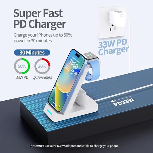 3 in 1 Charging Station for Apple - 33W Fast Multiple Charging Station for iPhone 14/13/12/11, Apple Watch and AirPods (33W USB-C Charger Included) in Saudi Arabia
