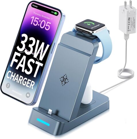 3 in 1 Charging Station for Apple - 33W Fast Multiple Charging Station for iPhone 14/13/12/11, Apple Watch and AirPods (33W USB-C Charger Included) in Saudi Arabia