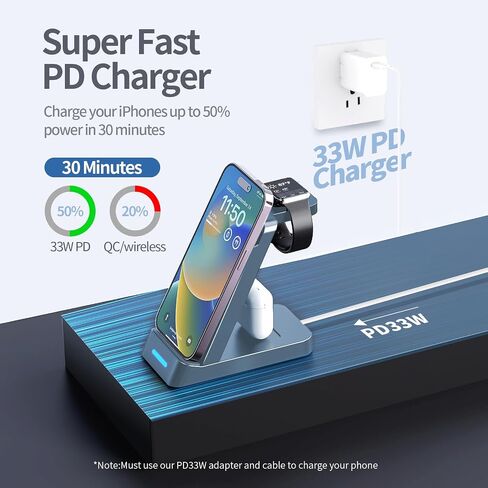 3 in 1 Charging Station for Apple - 33W Fast Multiple Charging Station for iPhone 14/13/12/11, Apple Watch and AirPods (33W USB-C Charger Included) in Saudi Arabia
