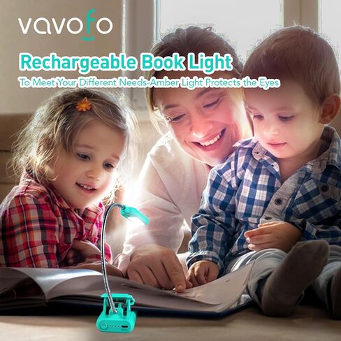 VAVOFO ضوء قراءة كهرماني قابل لإعادة الشحن، ضوء كتاب أزرق يحجب الضوء، 7 مصابيح LED للعناية بالعين 9 ألوان و9 مشبك سطوع للأطفال الذين يقرؤون في السرير مع مؤشر طاقة يدوم 70 ساعة (أسود) in Kuwait