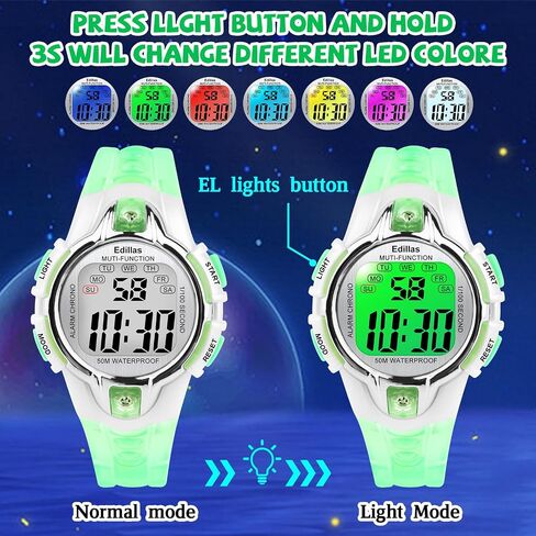 Edillas Kids Watches Boys Digital,7 Colors 50M Waterproof Watches for Children Students Teenagers Sport Outdoor Multifunctional Wrist Watches with Stopwatch/Alarm Watch for Ages 7-15 Black Green in Saudi Arabia