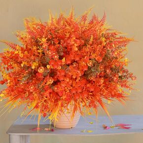 Artificial Flowers for Outdoor,16pcs Orange Autumn Artificial Flowers,Artificial Fall Flowers for Outdoors Fake Faux Plastic Plants for Outdoor Planters for Home Garden Outside Porch Decor