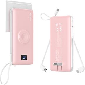 ANOUV Portable Charger with Built-in-Cable&AC Wall Plug& Magnetic Wireless iWatch Charger,10000mAh Power Bank,PD 22.5W Fast Charging Battery Pack Compatible with iPhones and Apple Watch etc.(1 Pack)