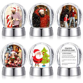 Wettarn 6 Pcs Photo Snow Globes DIY Crafts Clear Plastic Mini Snow Photo Globe with Base Liquid Photo Frame for Christmas Xmas Family Friends Thanksgiving Gifts Tabletop Display (Red)